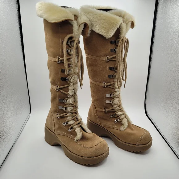 Y2K Report Icon Womens Lace-UpTan Suede Boots Faux Fur Size 8 - Picture 6 of 15